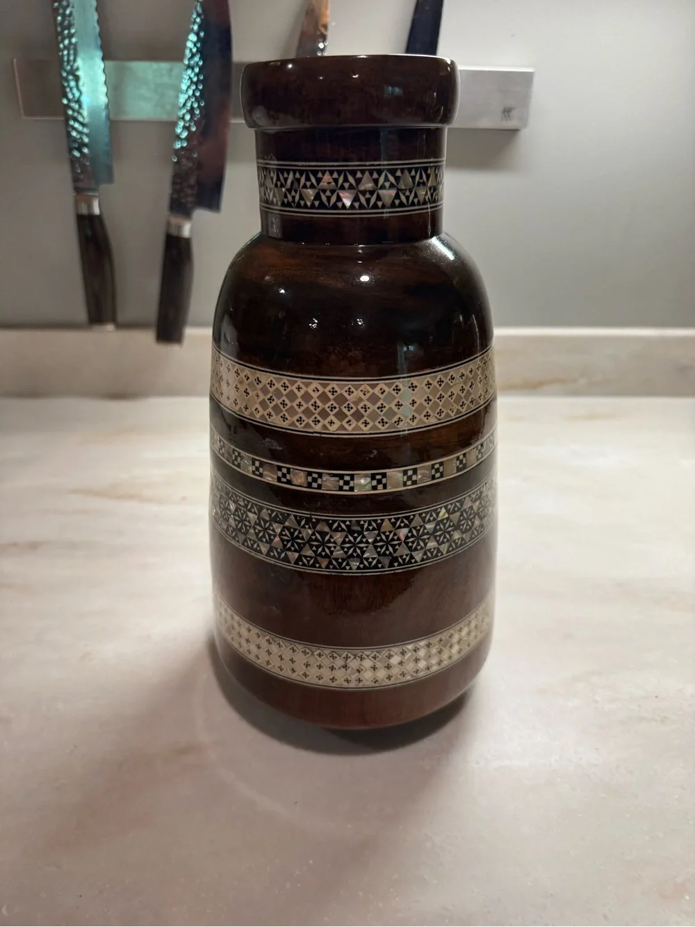 Vintage Mother of Pearl Inlaid Wood Vase 12”